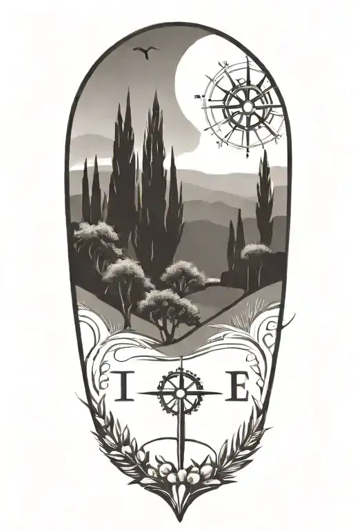 Italian Tuscany Landscape With Olive And Cypress Trees And Flowers And Compass