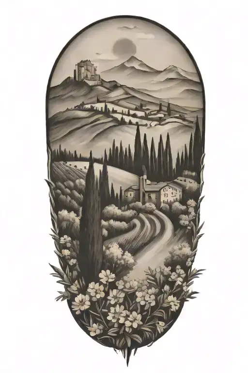 Italian Tuscany Landscape With Olive And Cypress Trees And Flowers And Compass