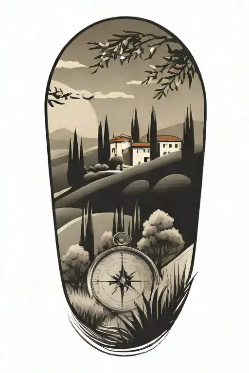 Italian Tuscany Landscape With Olive And Cypress Trees And Flowers And Compass