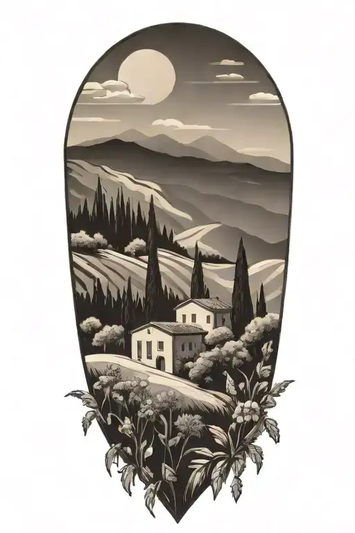 Italian Tuscany Landscape With Olive And Cypress Trees And Flowers And Compass
