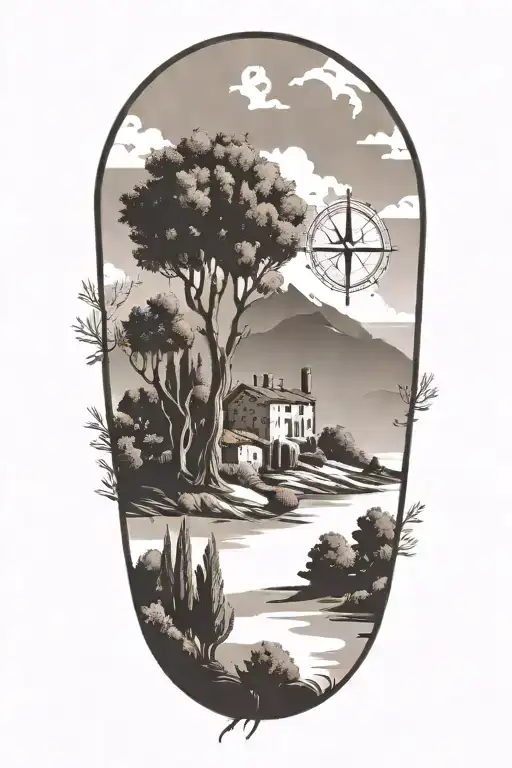 Italian Tuscany Landscape With Olive And Cypress Trees And Flowers And Compass