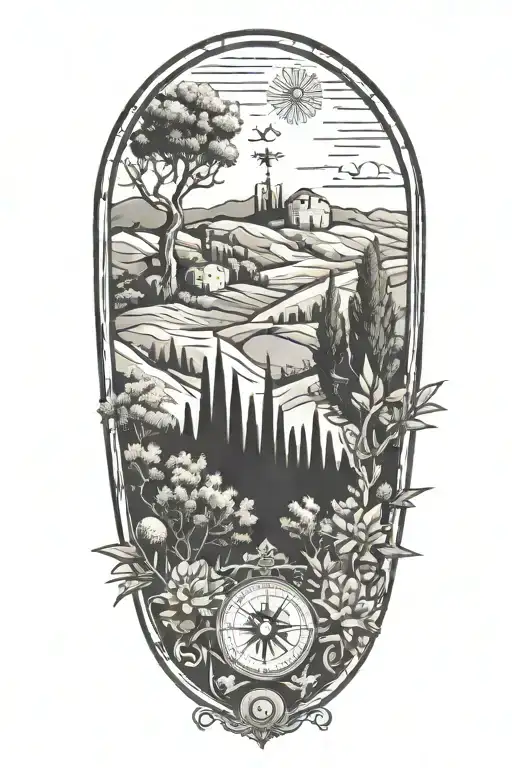 Italian Tuscany Landscape With Olive And Cypress Trees And Flowers And Compass