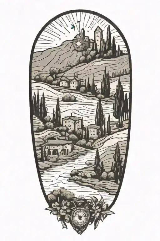 Italian Tuscany Landscape With Olive And Cypress Trees And Flowers And Compass