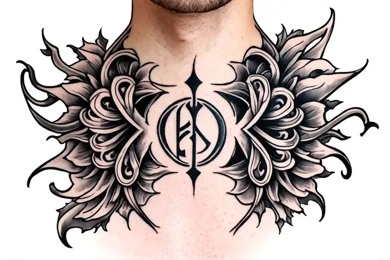 Neck Tattoo With Ornamenthals And Runes Engraved