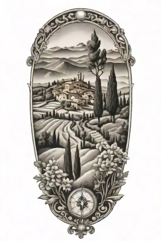 Italian Tuscany Landscape With Olive And Cypress Trees And Flowers And Compass