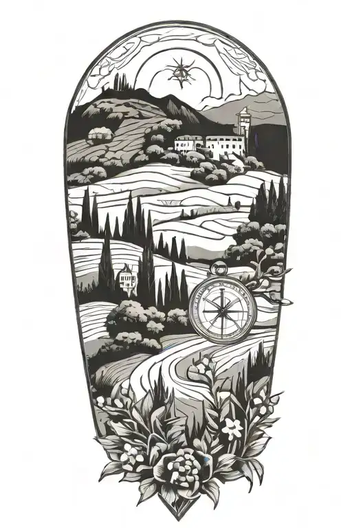 Italian Tuscany Landscape With Olive And Cypress Trees And Flowers And Compass