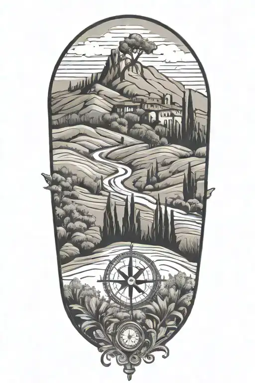 Italian Tuscany Landscape With Olive And Cypress Trees And Flowers And Compass