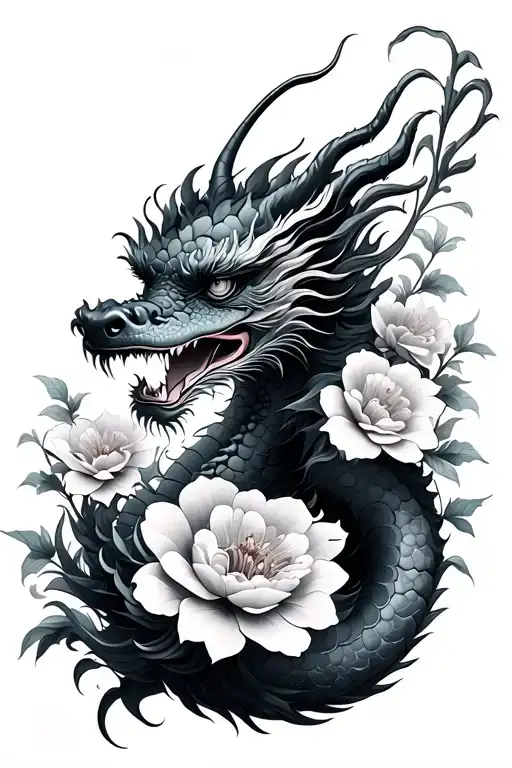 Chinese Dragon And Lili Flowers Surrounded