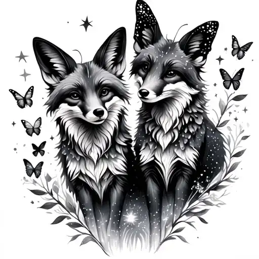 Gemini Twin Galaxy Foxes And Butterflies Filled With Stars