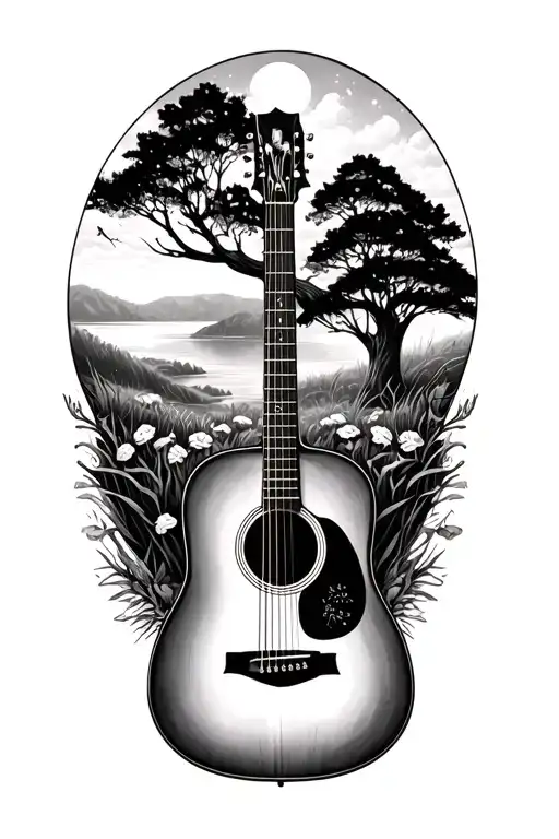 Accoustic Guitar Surrounded By Nature Scene