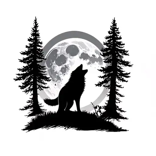 Wolf Howling At The Moon And Around It Trees