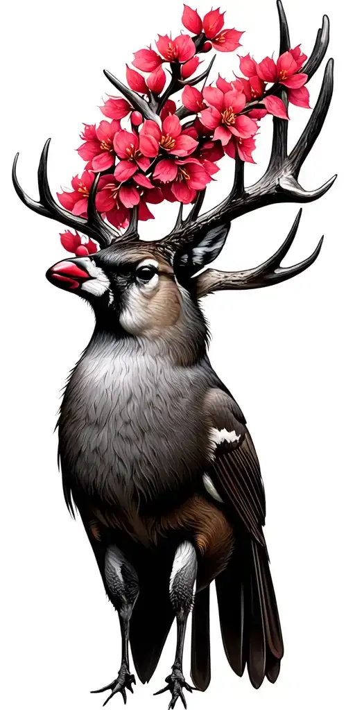 Deer Antlers Cherry Blossoms Cardinal Perched