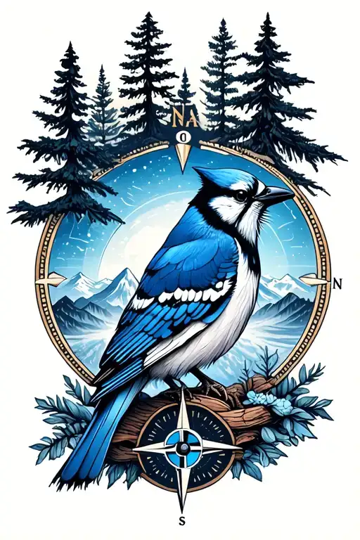 Trees Mountains Compass Blue Jay