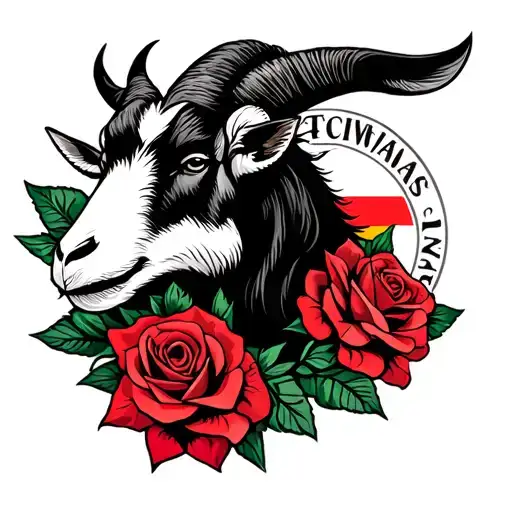Goat Head Surrounded By Rose Flower With Nepal Flag