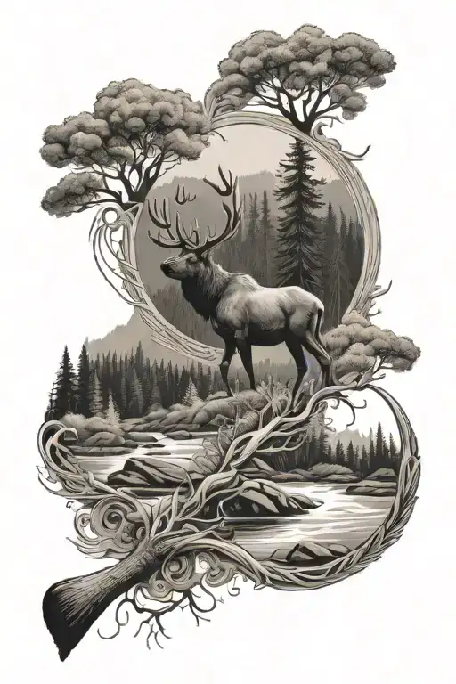 Swedish Forest With Flowing River And A Male Fly Fishing With A Moose In Background