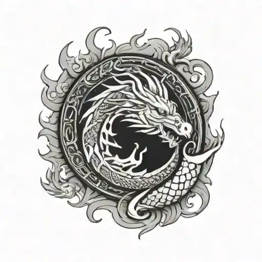 Dragon With Flames Curled Into A Circle