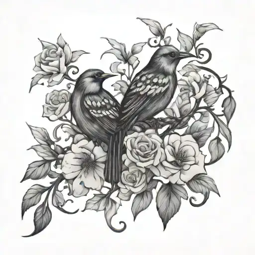 Vining Flowers And Birds Perched