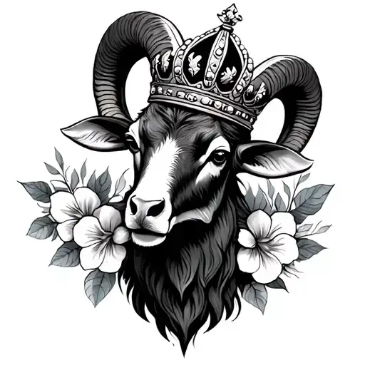 Bulky Rams Head Tatoo With King Crown And Flower On Sides