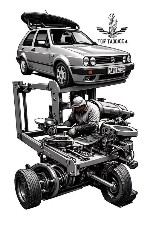 Mechanical Tattoo Where Is Golf Mk4 On Lifter And Automechanic And Welder Working On It