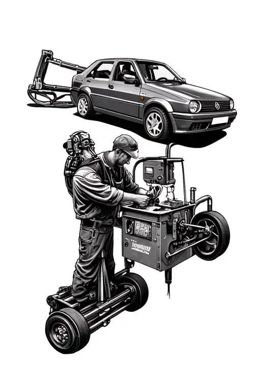 Mechanical Tattoo Where Is Golf Mk4 On Lifter And Automechanic And Welder Working On It