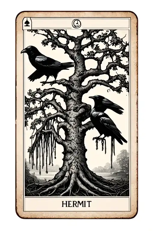Hermit Tarot Card Featuring Willow Tree And Ravens
