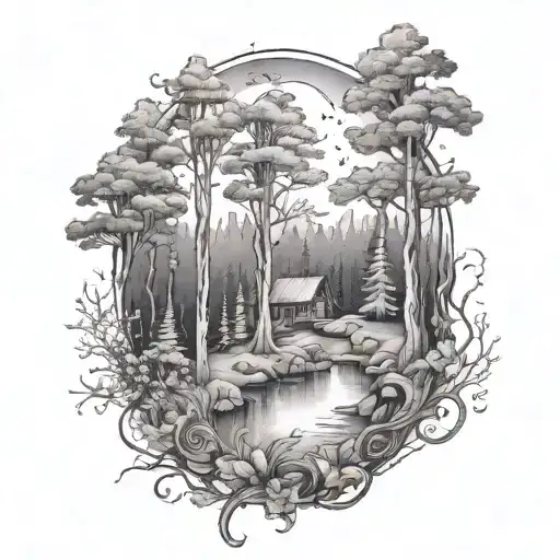 Design A Tattoo Of A Serene Forest Scene With Hidden Musical Elements Throughout