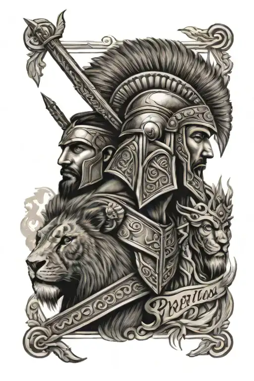 Spartan Warrior And Lion Head Blended With Family Quote