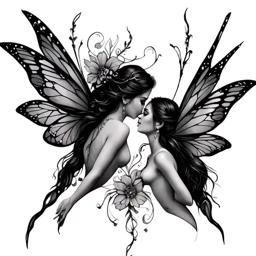 Two Faries Reaching For Eachother Fine Line