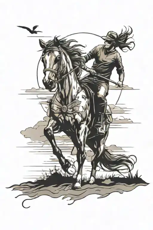 Horse Riding Into Sunset With Kid Sitting Alone