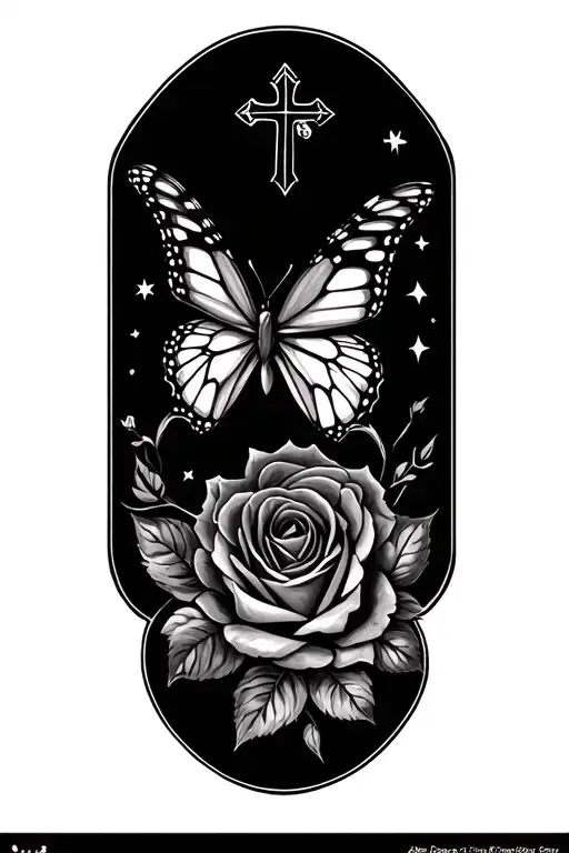 Butterfly Flying With Small Star And Rose And Cross