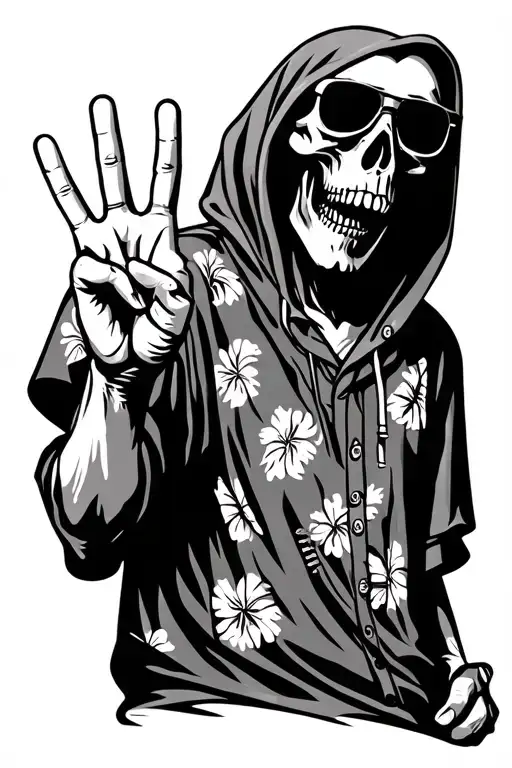 Grim Reaper In Sunglasses And Hawaiian Shirt Throwing Up The Peace Sign With Hood Up