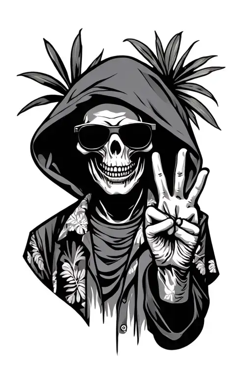 Grim Reaper In Sunglasses And Hawaiian Shirt Throwing Up The Peace Sign With Hood Up