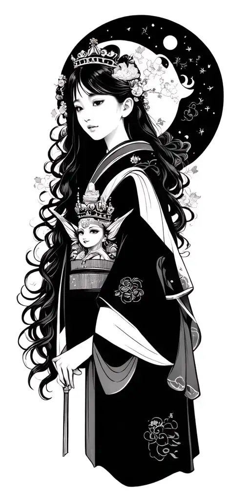 Japanese Style Girl With King And Moon