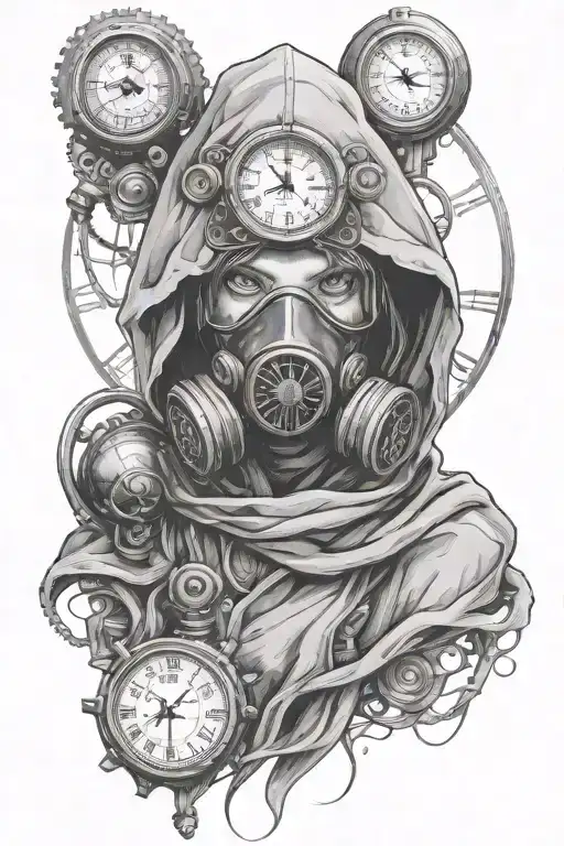 Hooded Girl With Gas Mask And A Clock