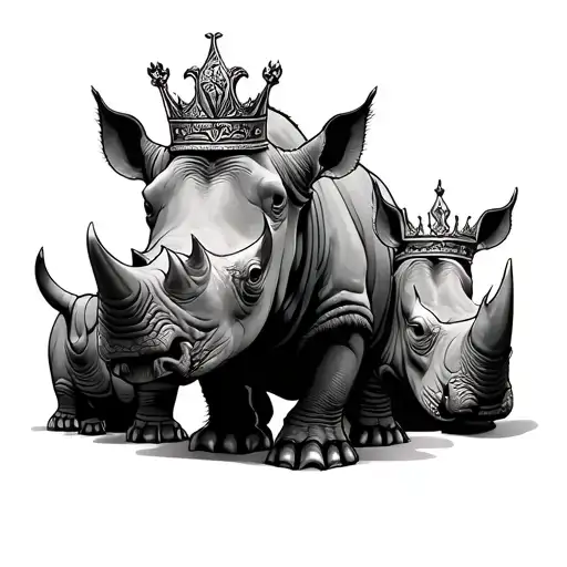 One Male Rhino And Two Female Rhinos With Crowns