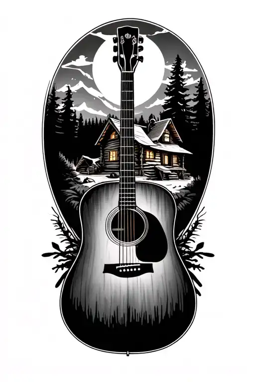 Accoustic Guitar Surrounded By Log Cabin Scene Inside