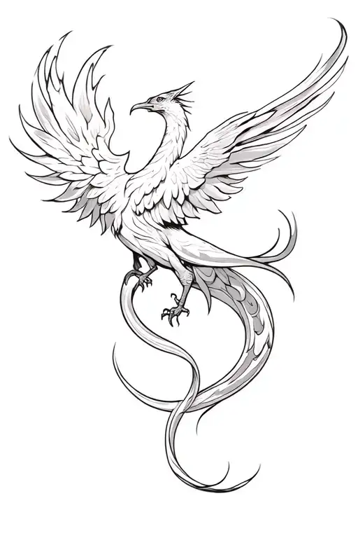 Phoenix Snaking Acorss Upper Thigh Tattoo With A Long Firey Tail In Black And White