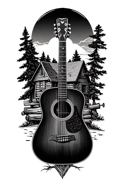 Accoustic Guitar Surrounded By Log Cabin Scene Inside