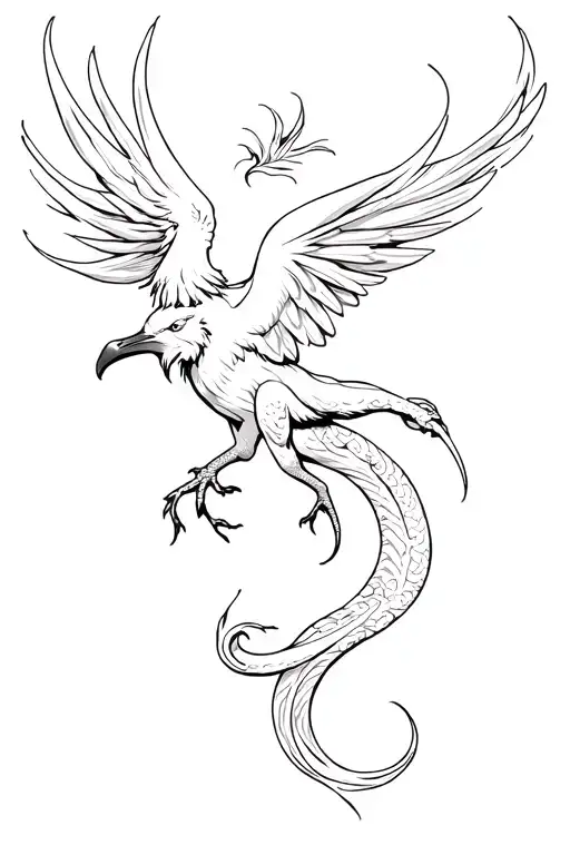 Phoenix Snaking Acorss Upper Thigh Tattoo With A Long Firey Tail In Black And White