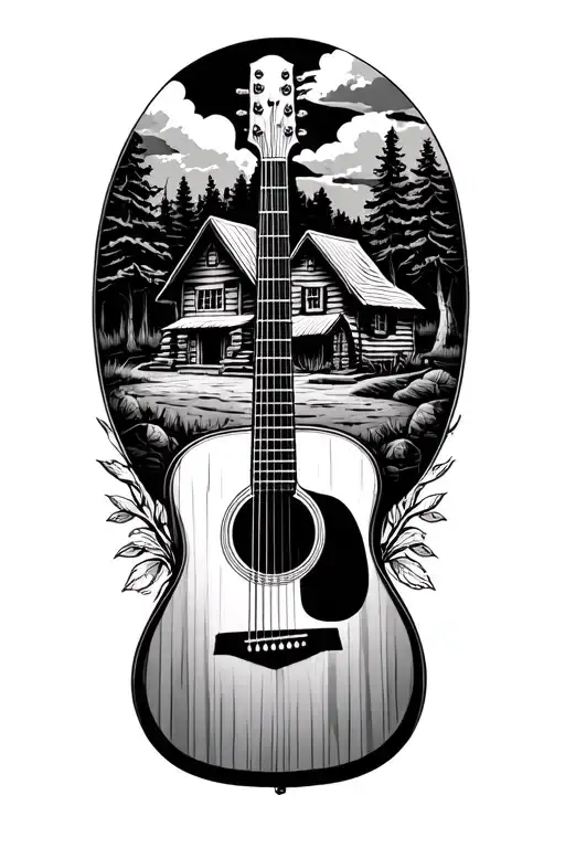 Accoustic Guitar Surrounded By Log Cabin Scene Inside