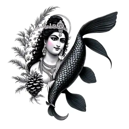 Lord Karishna And A Koi Fish With A Pinecone Looking