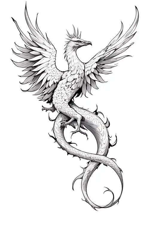 Phoenix Snaking Acorss Upper Thigh Tattoo With A Long Firey Tail In Black And White