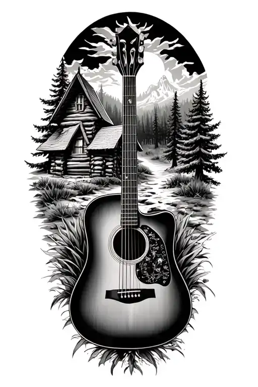 Accoustic Guitar Surrounded By Log Cabin Scene Inside