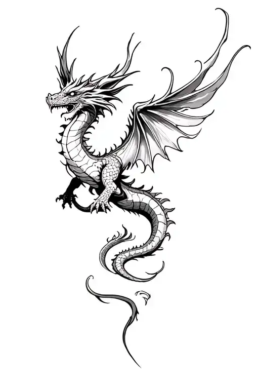 Dragon Phoenix Snaking Acorss Upper Thigh Tattoo With A Long Firey Tail In Black And White