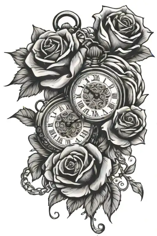 Pocket Watch And Roses Intertwined