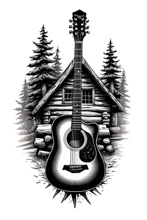 Accoustic Guitar Surrounded By Log Cabin Scene Inside