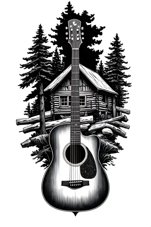 Accoustic Guitar Surrounded By Log Cabin Scene Inside