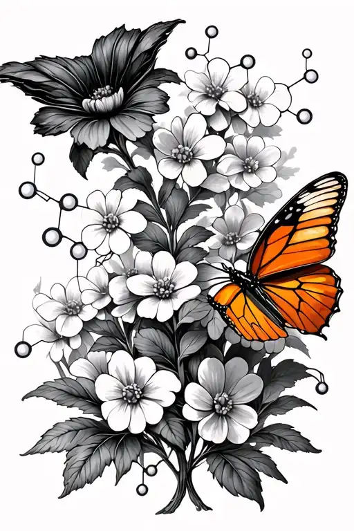 Seratonin Chemical Structure With Flowers In The Background And An Orange Butterfly