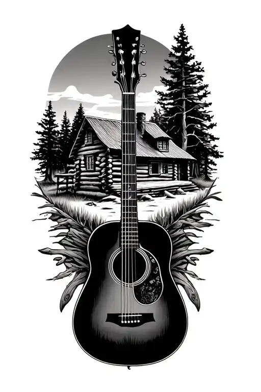 Accoustic Guitar Surrounded By Log Cabin Scene Inside