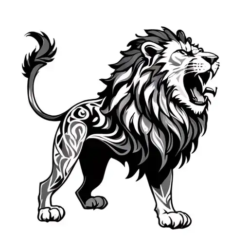 Roaring Lion Surrounded By Tribal